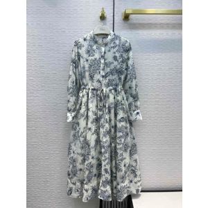 Dior Dress - Long Dress Navy Blue Cotton Muslin with Toile de Jouy Flowers Motif dioryg378711031