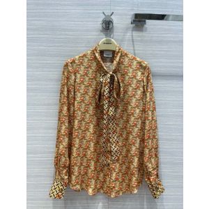 Burberry Silk Blouse - Tiger Graphic and Monogram Silk Pussy-bow Blouse Item 80515721 burxx4060010522